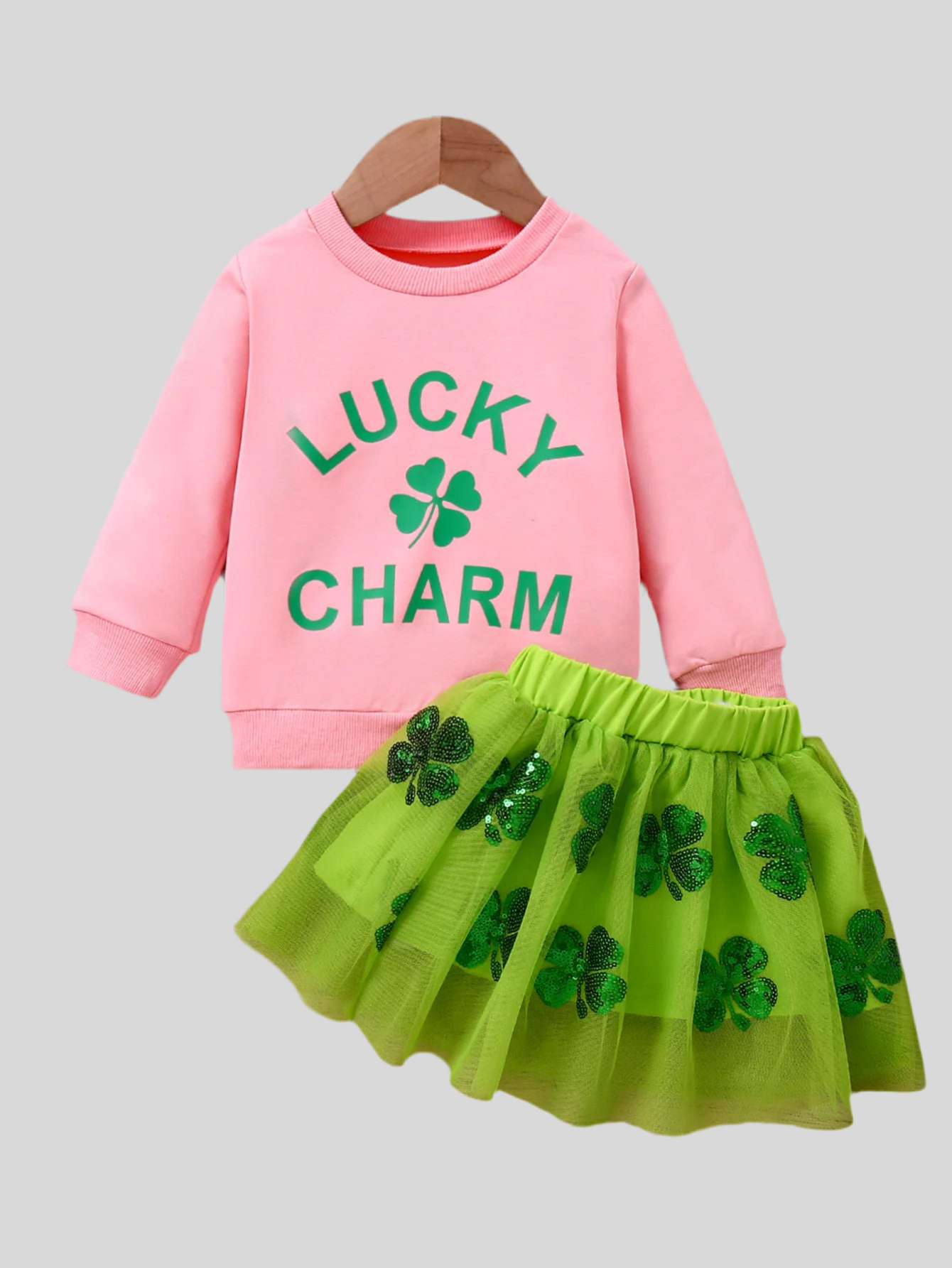 Embroidered "Lucky" Top+Layered Skirt Green St Patricks Day