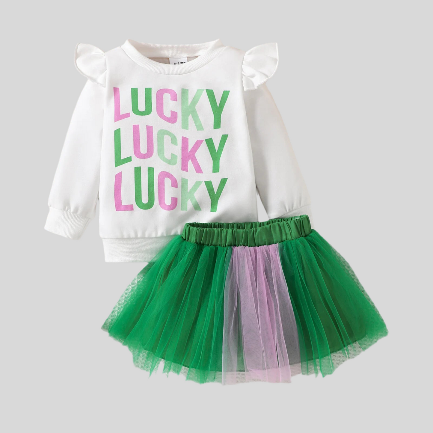 Embroidered "Lucky" Top+Layered Skirt Green St Patricks Day