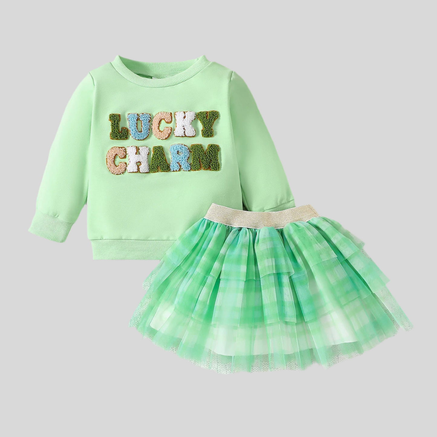 Embroidered "Lucky" Top+Layered Skirt Green St Patricks Day