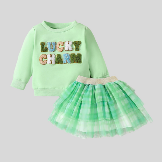 Embroidered "Lucky" Top+Layered Skirt Green St Patricks Day