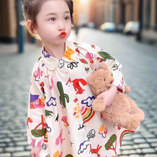 2025 Spring Girls Cute Full Sleeve Turn-down Collar Graffiti Shirt-dress