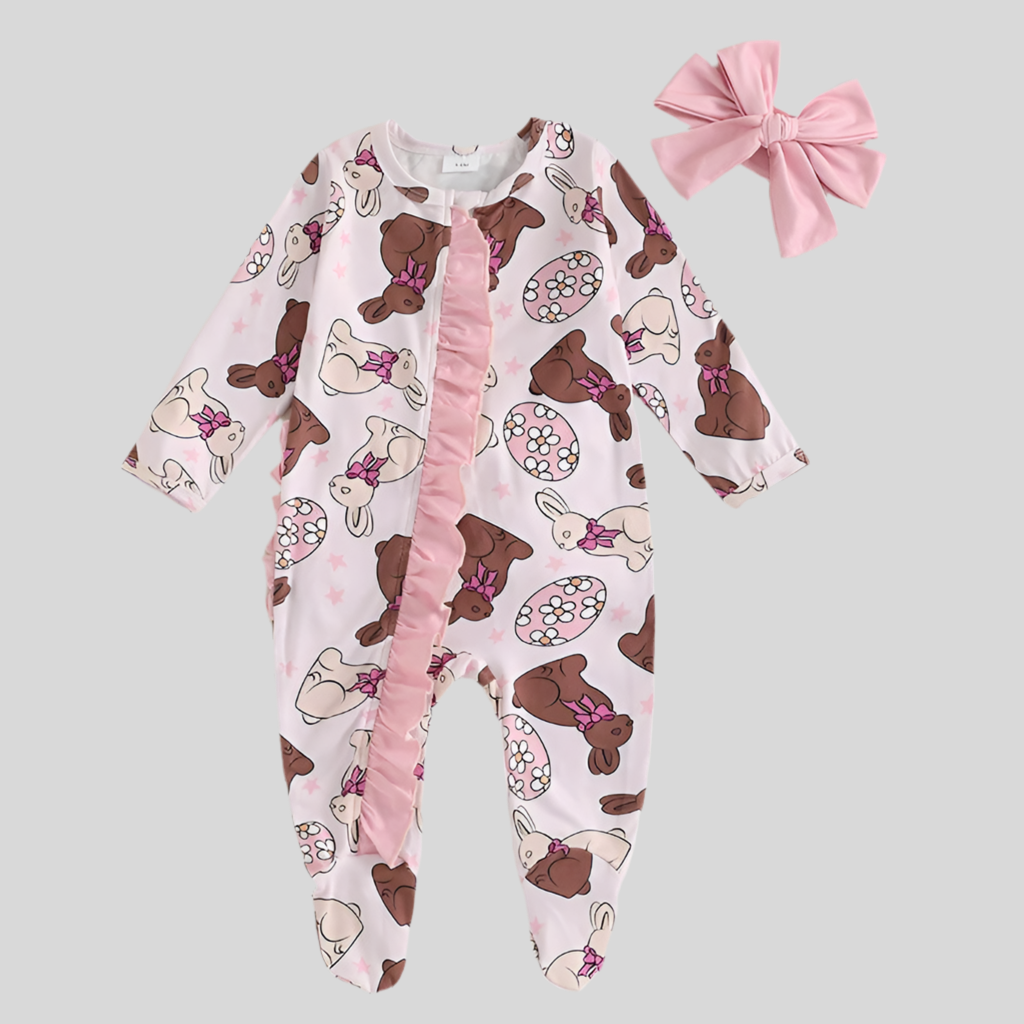 Chocolate Bunny Easter Print Romper & Headband Set Spring 2025