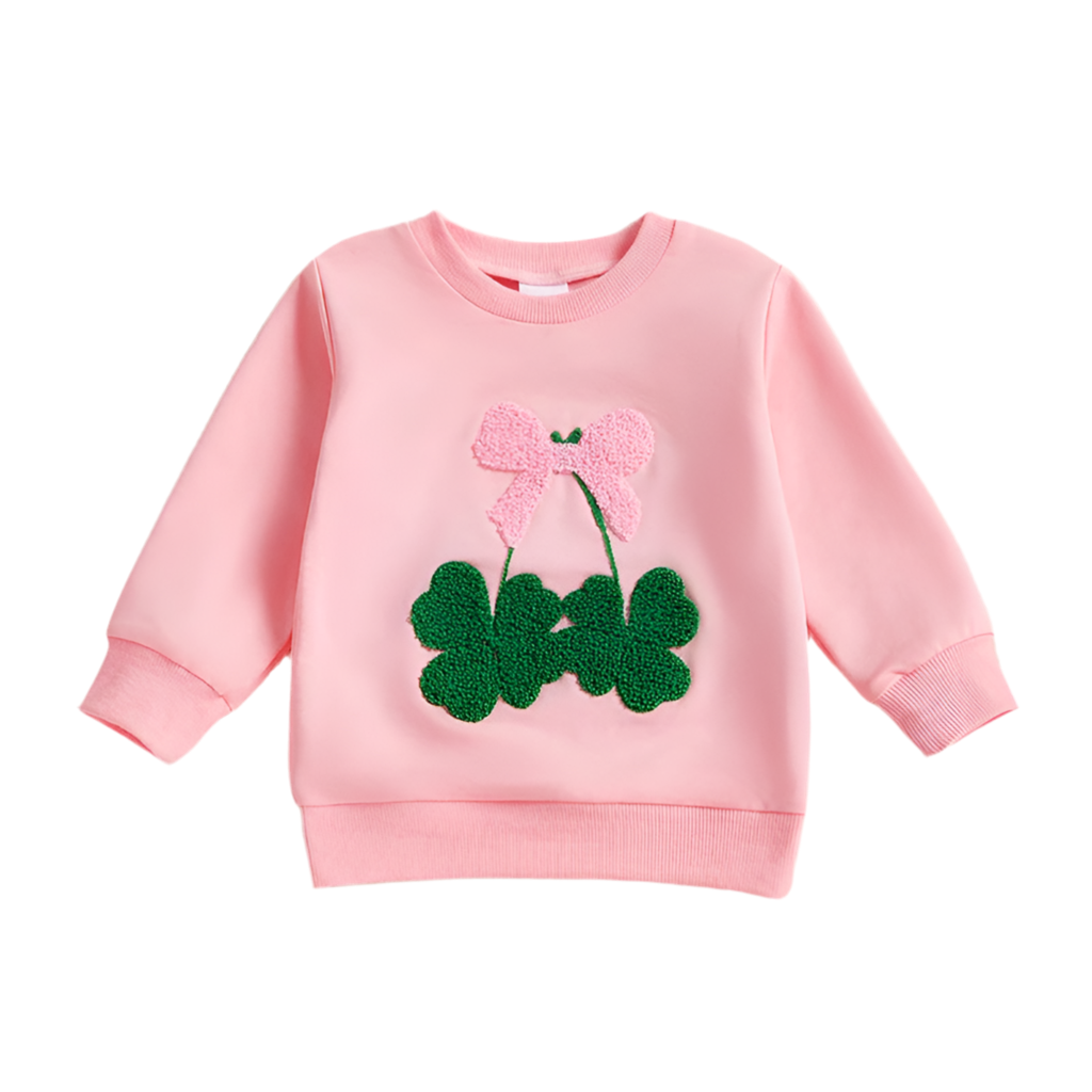 Toddler Baby Girl Irish Sweatshirt Bow Clover Embroidery Long Sleeve Pullover