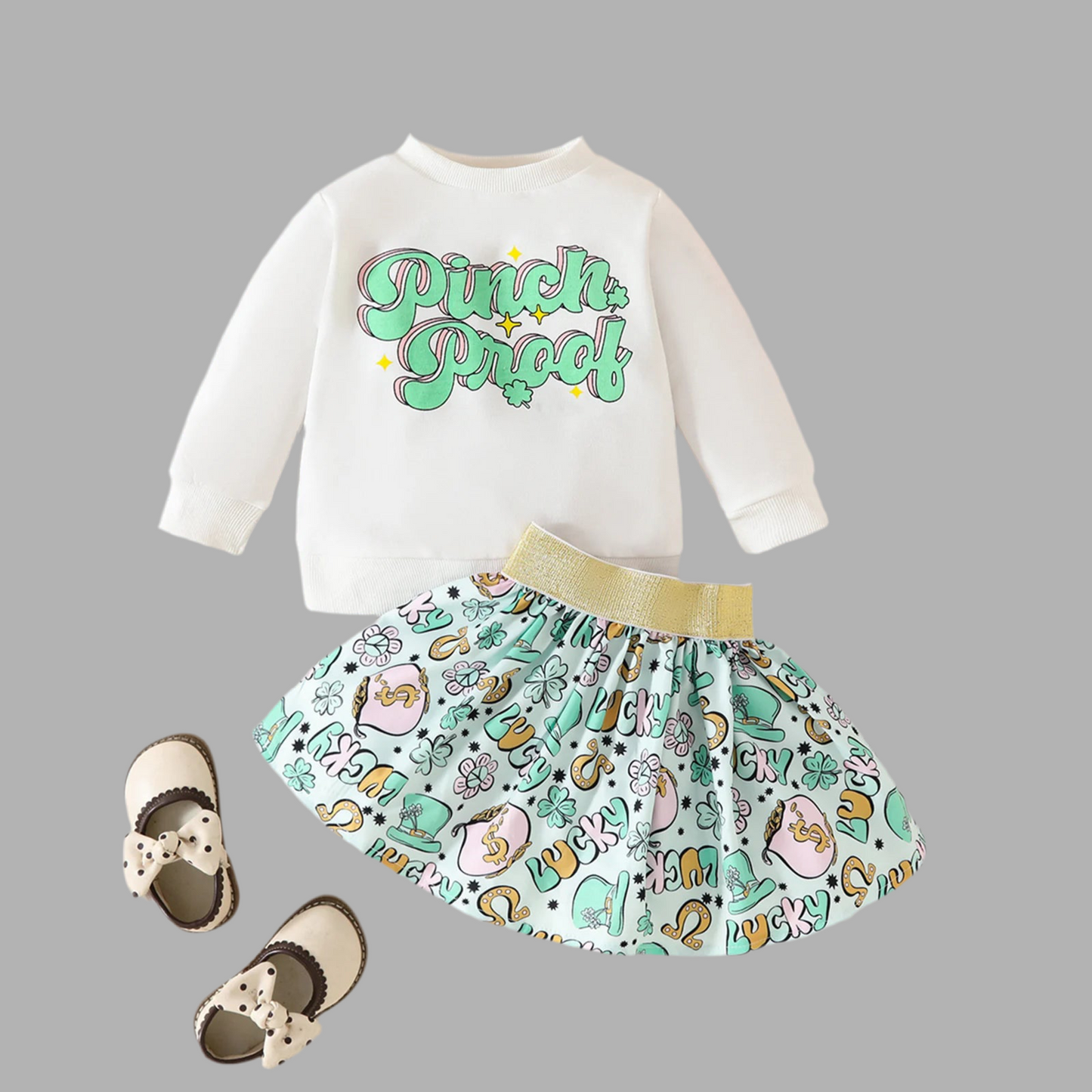 Embroidered "Lucky" Top+Layered Skirt Green St Patricks Day