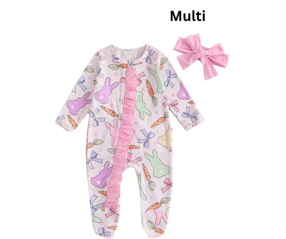 Chocolate Bunny Easter Print Romper & Headband Set Spring 2025