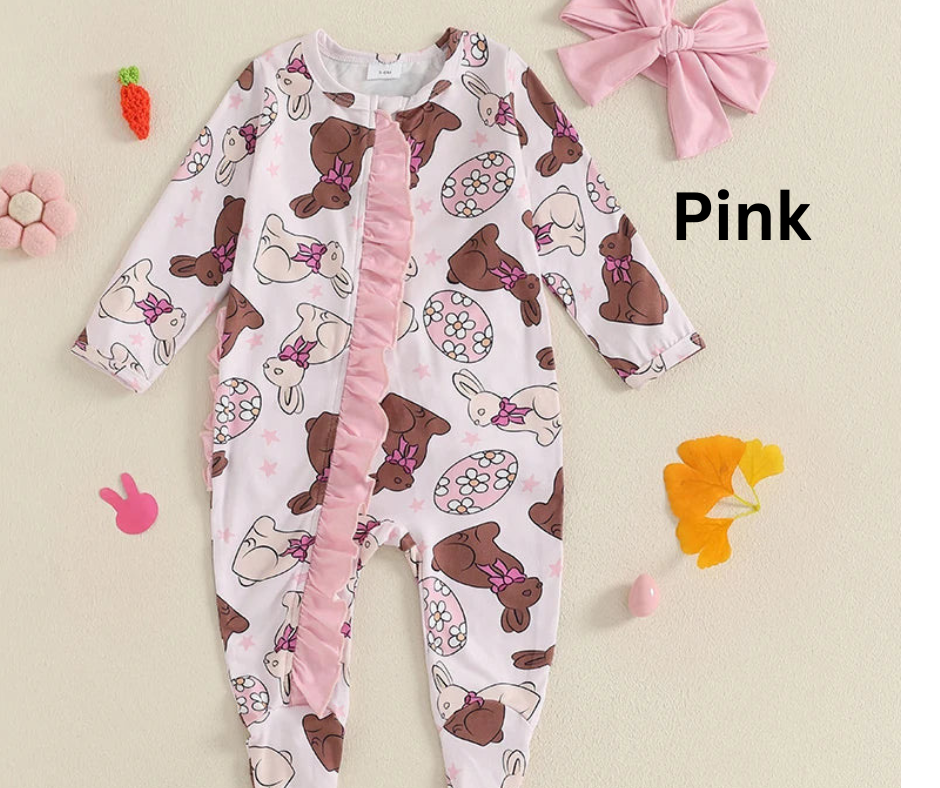 Chocolate Bunny Easter Print Romper & Headband Set Spring 2025