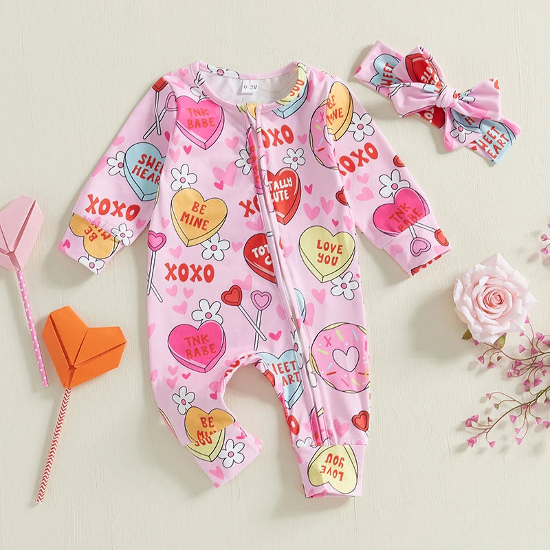 "XOXO" Baby Girl Valentines Day Romper Conversational Heart Print with Headband