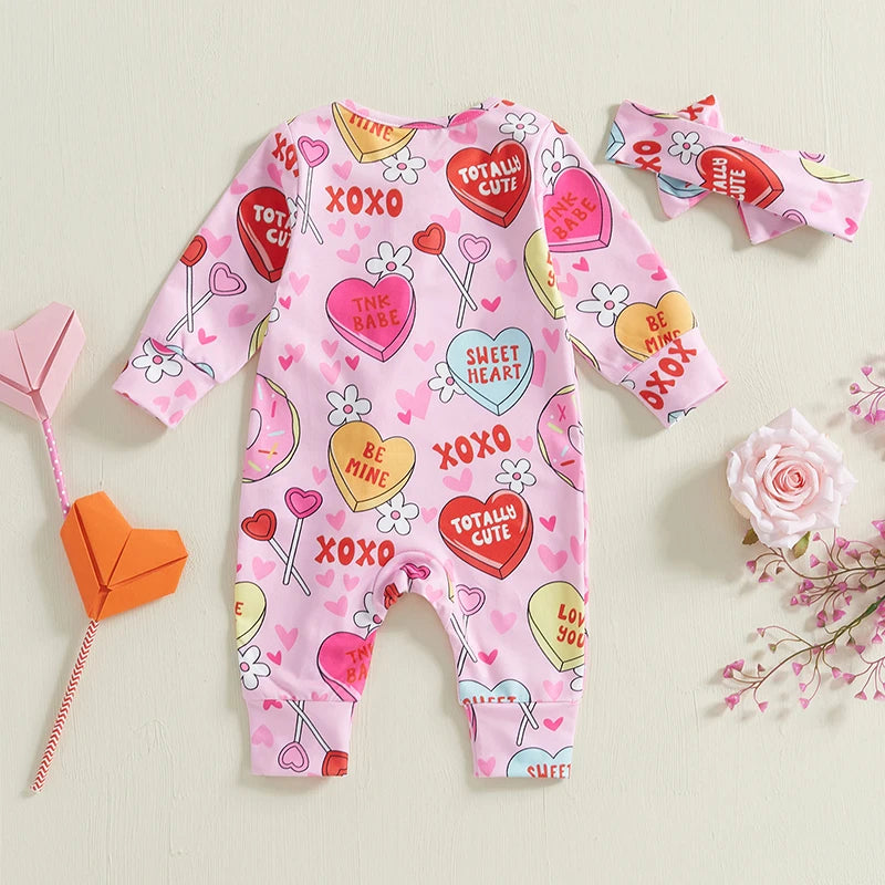 "XOXO" Baby Girl Valentines Day Romper Conversational Heart Print with Headband