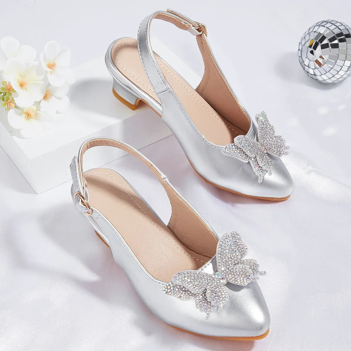 2025 New Girls' Princess Shoes Fashion Pointed-toe Rhinestone Butterfly Children's High Heel Sandles