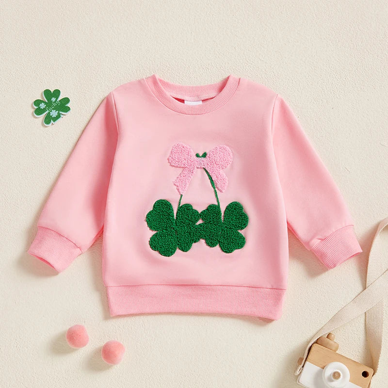 Toddler Baby Girl Irish Sweatshirt Bow Clover Embroidery Long Sleeve Pullover