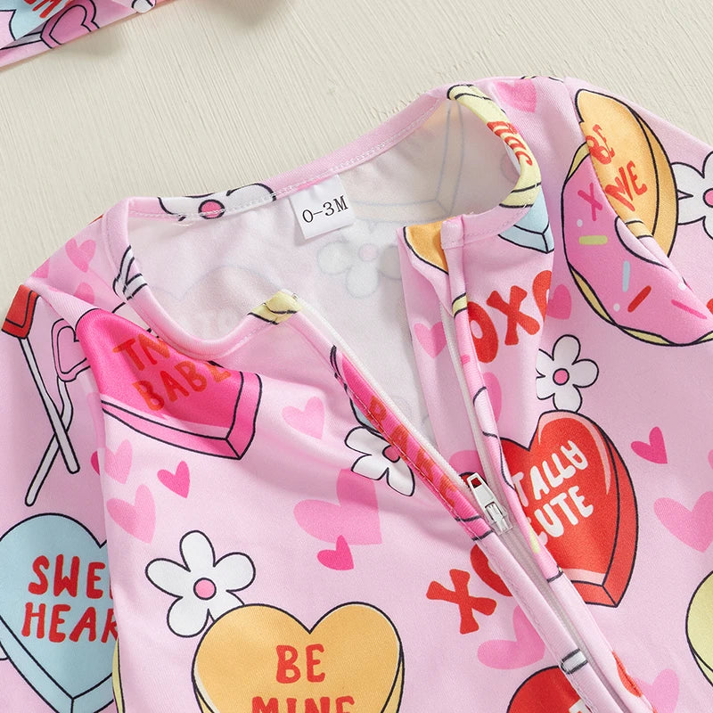 "XOXO" Baby Girl Valentines Day Romper Conversational Heart Print with Headband