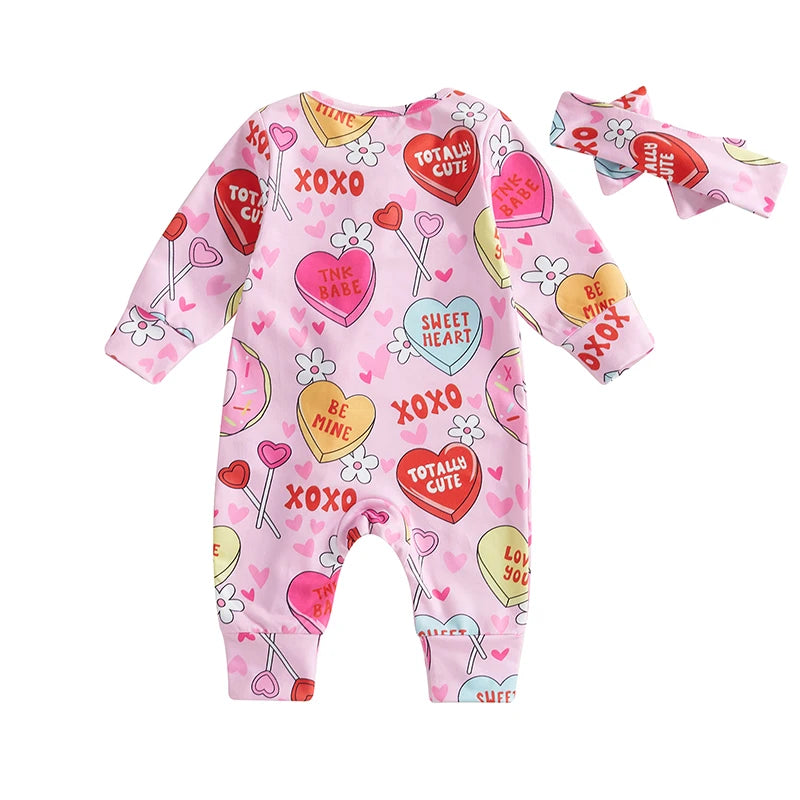 "XOXO" Baby Girl Valentines Day Romper Conversational Heart Print with Headband