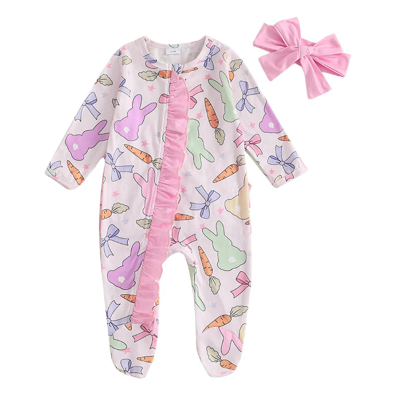 Chocolate Bunny Easter Print Romper & Headband Set Spring 2025