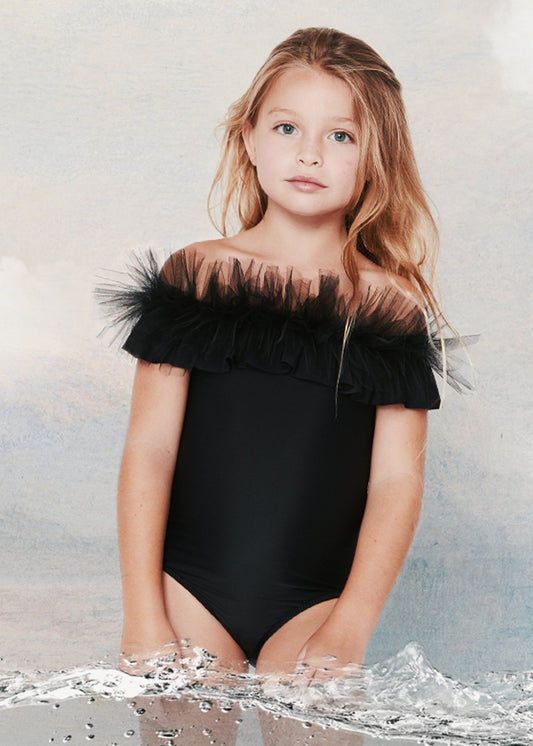 Swimsuit with Tulle Black Draped