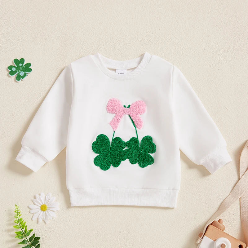 Toddler Baby Girl Irish Sweatshirt Bow Clover Embroidery Long Sleeve Pullover