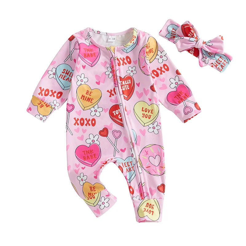 "XOXO" Baby Girl Valentines Day Romper Conversational Heart Print with Headband