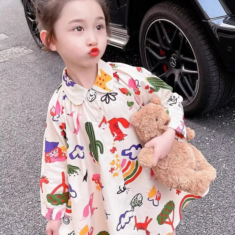 2025 Spring Girls Cute Full Sleeve Turn-down Collar Graffiti Shirt-dress