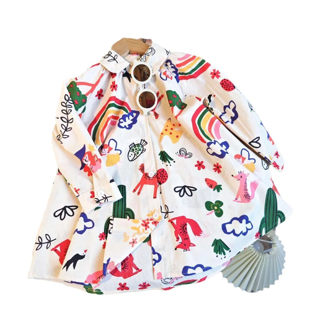 2025 Spring Girls Cute Full Sleeve Turn-down Collar Graffiti Shirt-dress