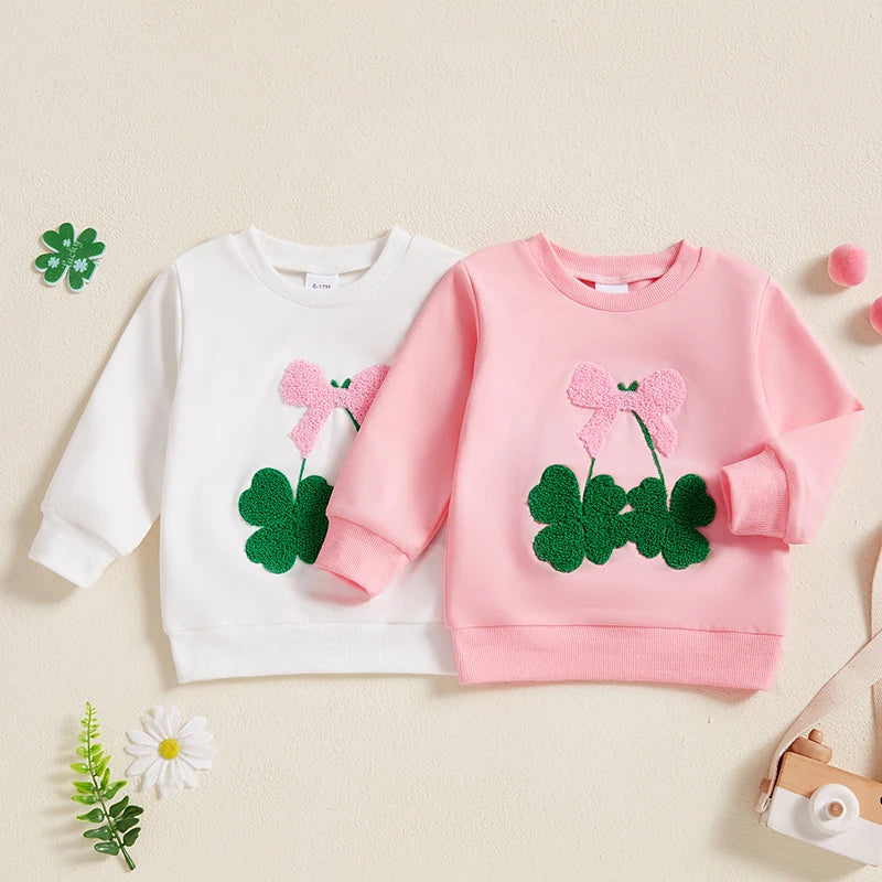 Toddler Baby Girl Irish Sweatshirt Bow Clover Embroidery Long Sleeve Pullover